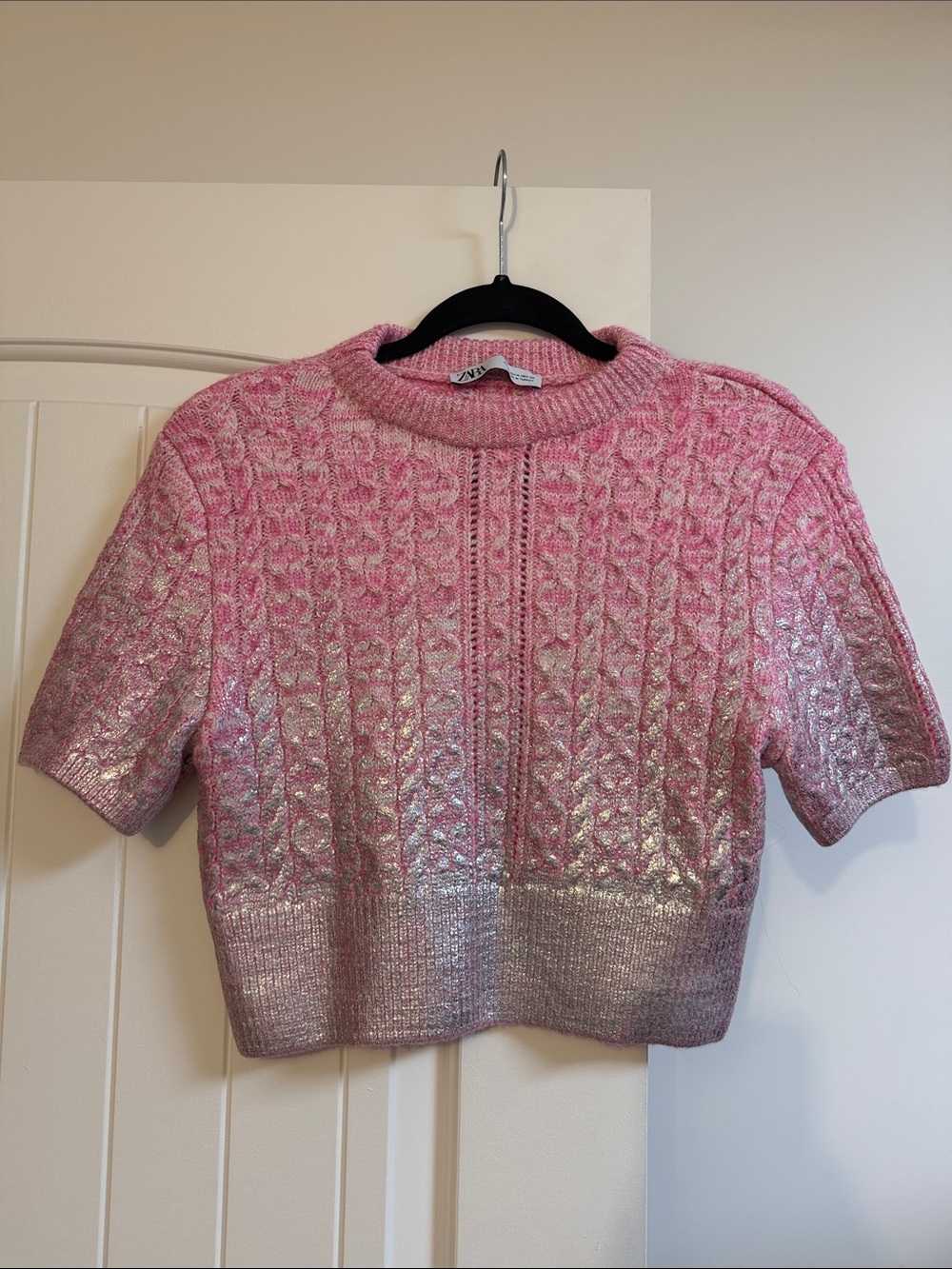 Zara Pink Metallic Ombre Cable-Knit Short Sleeve Sweater